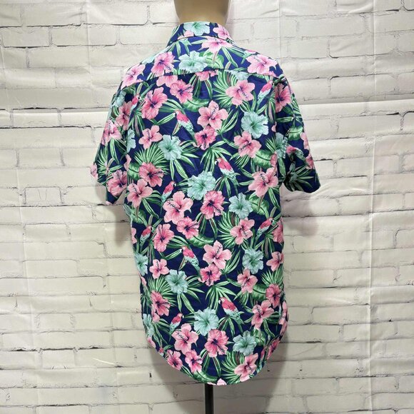 Men's Hawaiian Floral Button-Up Shirt – Navy with Parrots & Hibiscus | Size XL - Picture 3 of 7